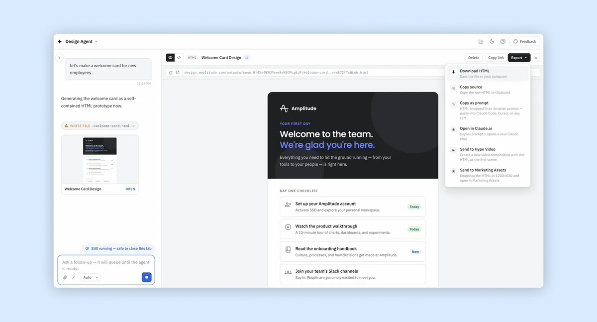 Design Agent close-up - generating a welcome card with export options for HTML, Claude, and video