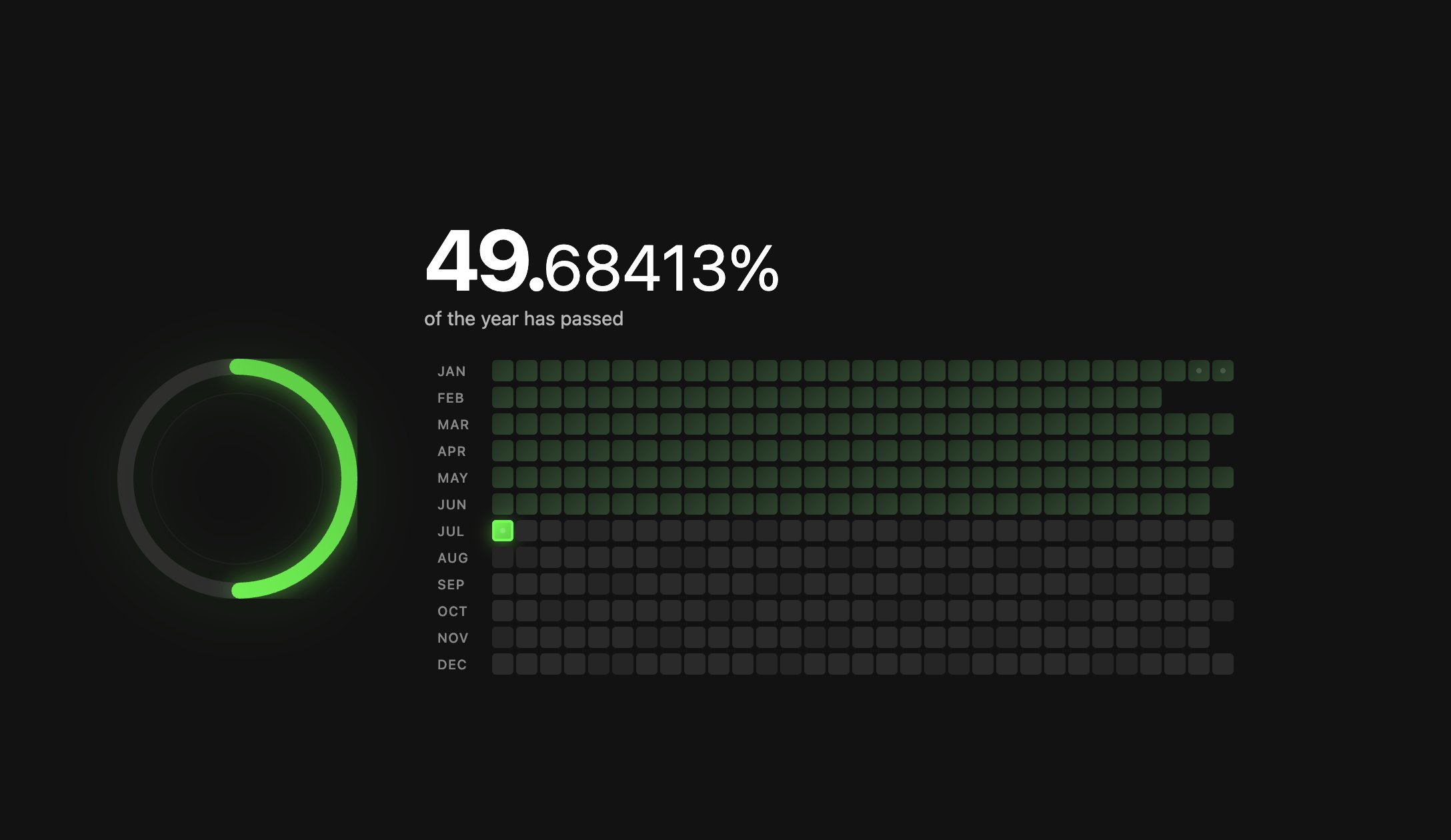 HugeCalendar new tab showing the percentage of the year that has passed
